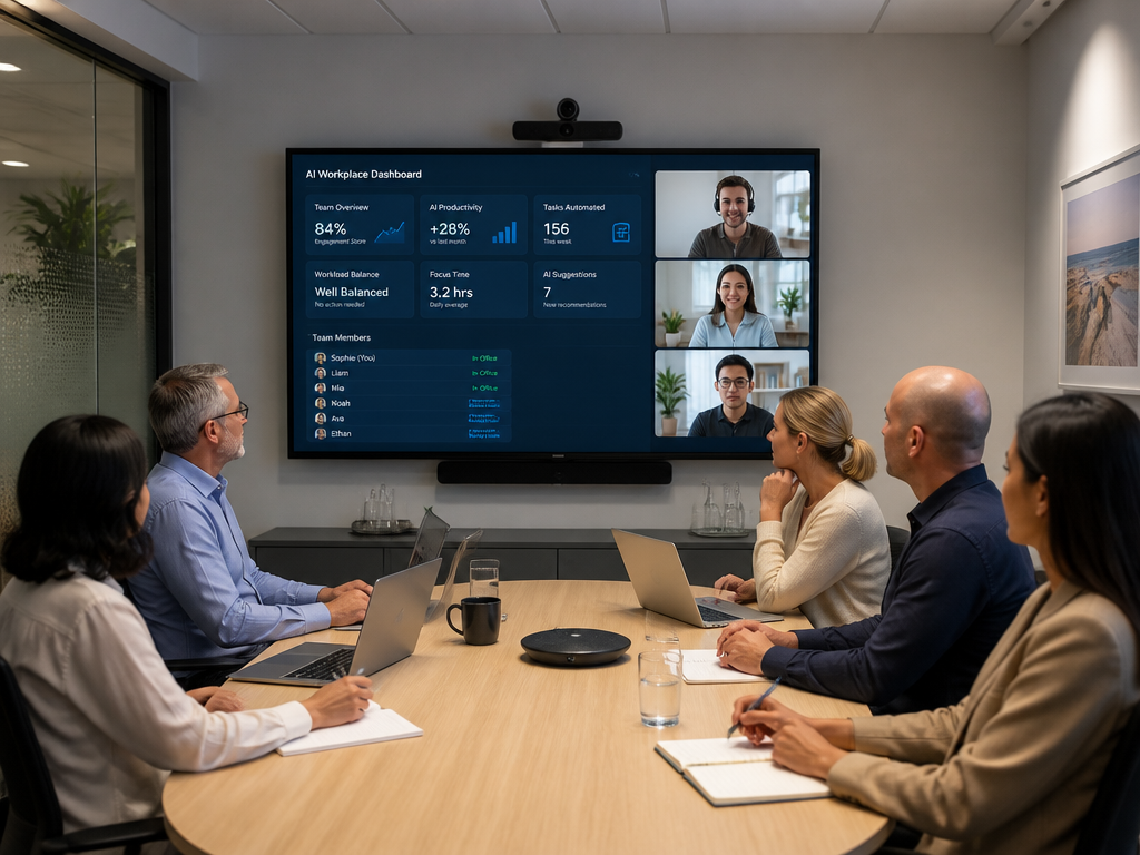 Australian business team collaborating with offshore staff through AI-integrated dashboard in 2026